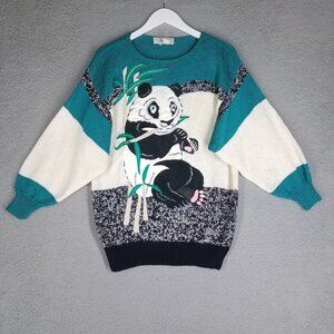 Vintage Nannell Hand Knit Panda Sweater Women's Small 80's Art Jumper Pullover